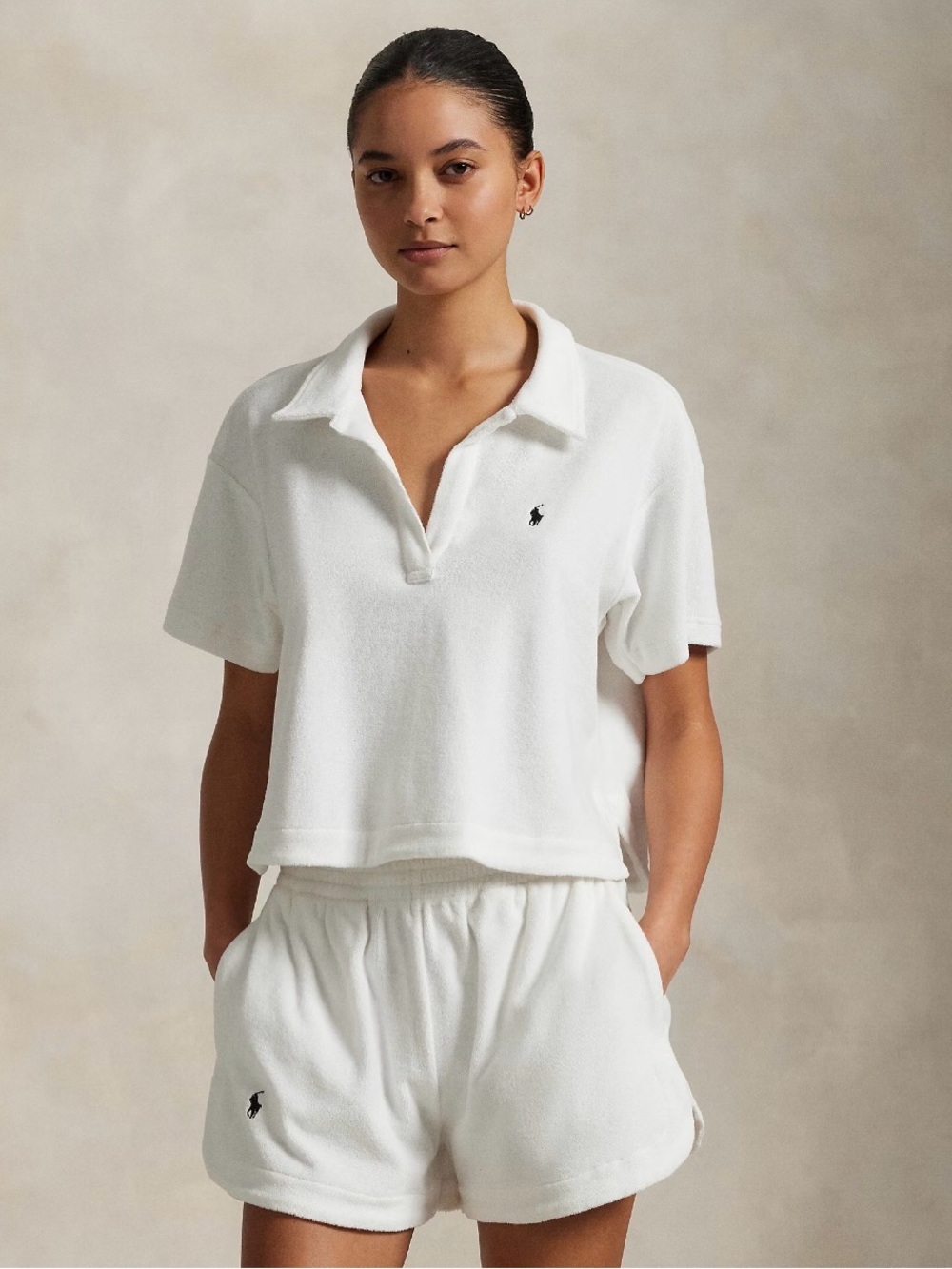 Ralph Lauren White Terry Cropped Polo Top & Shorts Set - Picture 2 of 12